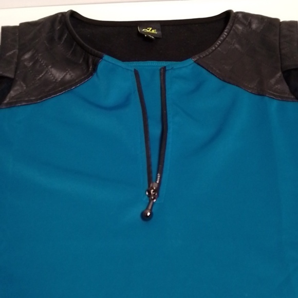 Oze dress bodycon teal mesh sleeves faux leather trim size  medium - Picture 2 of 7